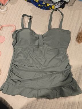 Sage Green Ruffle-Trim Swim Top